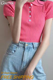 Gwmlk Turndown Collar Women Sweater T-Shirts Summer Ribbed Thin Knitted Tees Tops Woman Korean Button Up Cropped Pullover