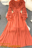 gwmlk Vintage Women Pleated Party Long Dress Elegant Round Neck Lantern Sleeve High Waist Ruffle Draped Maxi Vestidos Female