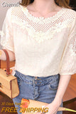 Gwmlk Hollow Women Tops Summer French Style Sweet Blouse 2023 New Fashion Half Sleeve Clothes Apricot Lace Shirt Blusas 21217