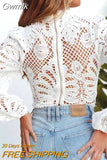 Gwmlk Long Sleeve Lace Blouse Women Tops Casual White Crochet Hollow Out Cropped Women's Shirt Turtleneck Female Blusas 16296