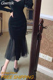 Gwmlk Mesh Velvet Black Long Dress Women Vintage Gothic Slim Party Dresses Female Winter Sexy Split Hollow Christmas Dress New