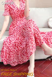 Gwmlk Pink Floral Summer Dress for Women Korean Printed Chiffon V-neck Long Dresses Female Elegant Ruffles A-Line Party Dress