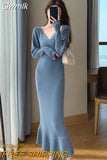 Gwmlk Elegant Mermaid Sweater Long Dress Women Vintage V-neck Knitted Warm Y2K Dress Korean Casual Chic Dress for New Year 2023