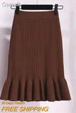 Gwmlk Women High Waist Knitted Skirts Solid Elastic Mermaid Knitting Ribbed Skirt Female Autumn Winter Warm Mid-Long Skirt