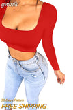 gwmlk Spring Crop Top Long Sleeve Women Black Sexy Shirt White Square Neck Casual Tee Top Mujer Ladies