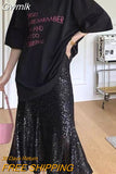 Gwmlk Summer Silver Sequined Mermaid Midi Skirt Bling Bling Shiny Sequins Calf Long Skirts