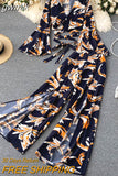 gwmlk Vacation Beach Two Piece Set Women Sexy V-Neck Bandage Short Tops + High Waist Split Wide Leg Pant Suit Spring Autumn