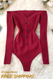 gwmlk Slash Neck Long Sleeve Bodysuit Autumn 2023 Single Breasted Playsuit Red/Gray/Black Sexy Knitted Rompers New Fashion 2023