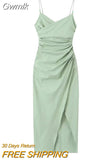 Gwmlk TRAF Women Draped Midi Dress Vacation Style Back Cross Thin Straps Hem Split Side Gathering Female Chic Midi Dresses