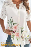 Gwmlk Elegant Printed Summer Lace Shirt Women V-Neck Hollow Out Loose Blouse Short Sleeve Tops Ladies New Casual Clothes 27968