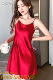 Gwmlk Sexy Satin Dress for Women Comfortable Soft Backless Spaghetti Strap Dresses Female Elegant Split Evening Party Dress