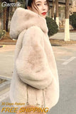 Gwmlk Winter Women Faux Rabbit Fur Hooded Coat Casual Solid Color Warm Faux Fur Jacket Woman Fashion Zip Thick Furry Overcoat