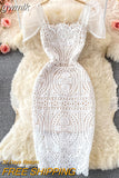 gwmlk Women Lace Bodycon Mini Dress Sexy Square Collar Mesh Short Sleeve High Waist Party Vestidos Female White Robe 2023 New