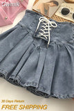 Gwmlk Lace Up High Waist A-Line Women Skirts Y2K Anti-Glare Denim Pleated Skirt Ladies All-Match College Style Mini Skirt Girl