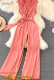 gwmlk Vintage V-Neck Sleeveless High Waist Jumpsuits Women Elegant Loose Wide Leg Romper With Sashes Female Playsuits New 2023