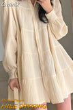 Gwmlk Sleeve Dress Women Ins Spring Lovely Solid A-line Ruffles Korean Apricot Fashion Retro Turn-down Collar Clothes