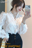 Gwmlk V-neck Long Sleeve Lace Blouse Women Tops Tassel White Shirts Blusas Hollow Out Lace Flowers Ladies Blouses Shirts 16095