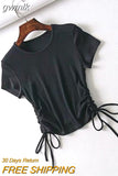 gwmlk Side Drawstring Tie Up Ruched Tank Tops Women Solid Color Slim Crop Top Ladies Streetwear Ribbed Knitted Tees