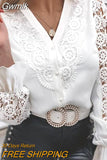 Gwmlk Sexy Lace Patchwork Hollow Out Shirt Fashion White Vintage Long Sleeve Tops Button Mesh Crochet Lace Blouse Women 13267