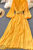 gwmlk Vintage Yellow/Purple/Blue Polka Dot Chiffon Long Dress Women Elegant O-Neck Puff Sleeve Pleated Party Robe Female 2023