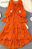 gwmlk Autumn New Holiday Style Ankle Length Long Dresses Women Sexy V Neck Puff Sleeve Lace Elegant Evening Party Summer Dress