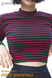 gwmlk Tops Women 2023 Chic All-match Classic Stripe Slim Short Bustier Crop Top Turtleneck Long Sleeved T-shirt Sexy Shirts Tee