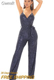 Gwmlk Women Sexy V Neck Sequins Long Sleeve Casual Belt Overalls Female High Waist Playsuit Elegant Ladies Party Club Romper