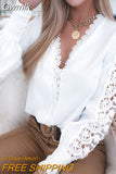 Gwmlk V-neck Long Lace Sleeve White Blouse Women Autumn 2023 Hollow Out Stitching Elegant Tops Vintage Lady Shirt Blusas 23338