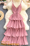 gwmlk Women Draped Ruffle Spaghetti Strap Dress Sexy Vacation Beach Vestidos Female Elegant High Waist Slim Midi Robe 2023 New