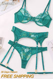 Gwmlk Set Woman 3 Pieces Sexy Love Lingerie Fancy Embroidery Underwear Lace Green Exotic Sensual Brief Sets with Garters