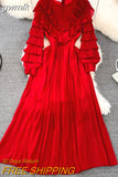 gwmlk Vintage Women Pleated Party Long Dress Elegant Round Neck Lantern Sleeve High Waist Ruffle Draped Maxi Vestidos Female