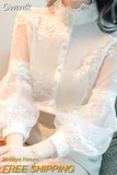 Gwmlk Sweet Lace Mesh Shirts Spring Blouse Stand Collar White Lantern Sleeve Tops Flowers Embroidery Women's Clothing 23277