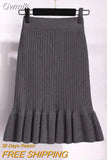 Gwmlk Women High Waist Knitted Skirts Solid Elastic Mermaid Knitting Ribbed Skirt Female Autumn Winter Warm Mid-Long Skirt