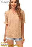 Gwmlk Hollow Out Lace Blouse Shirts Women Summer 2023 V Neck Short Flare Sleeve Blouse Ladies Top Solid Sexy Boho Blusas 20937