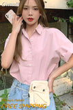 Gwmlk Simple Basic Solid Color Shirt Women Summer Lapel Single Breasted Short Sleeve Blouse Ladies Korean Loose Commute Tops