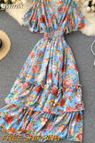 gwmlk Women Floral Printed Long Dress Sexy V-Neck Short Sleeve High Waist Ruffle Beach Vacation Vestidos Female Maxi Robe New