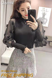 Gwmlk Korean Chic Floral Ruched Pullover Women Fashion Patchwork Mesh Long Sleeve Blouses Femme Knitted Streetwear Tops Woman