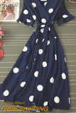 gwmlk Polka Dot Midi Dress Summer 2023 Sexy V-neck Flare Sleeve Casual Vestidos Verano Elegant Blue/White Sashes Dresses New