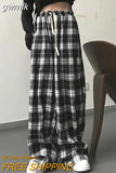 gwmlk and White Plaid pants New Women Casual Loose Wide Leg Trousers Ins Retro Teen Straight Trousers Hiphop Streetwear