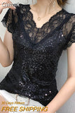 Gwmlk Summer Sexy Lace Women Blouse New V Neck Glitter Sequin Gauze Patchwork Tops Elegant Short Sleeve Slim Black T-shirt 14652