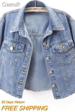 Gwmlk Denim Jacket for Women 2023 Summer Loose Single Breasted Turn Down Collar Short Sleeve Jacket Korean Fashion Crop Coat