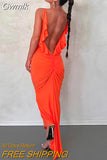 Gwmlk Ruffles Backless Maxi Dress Women Elegant Fashion Orange Bodycon Evening Party Dress Sexy Strap Ruched Party Club Outfit