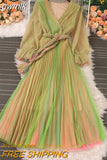 gwmlk Autumn Women Mesh Pleated Long Dress Vintage Pink/Yellow/Brown V-Neck Flare Sleeve Draped Maxi Vestidos With Belt New