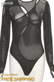 gwmlk Solid Color Bodysuit See-Through Sexy Hollow Design Women Top Jumpsuits Slim Fit For High Street Clubwear Female