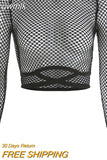 gwmlk New Mesh Goth Long Sleeve T shirt Women Hollow See-through Fishnet Tops Summer Casual Shirt Streetwear Women's Clothing