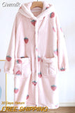 Gwmlk Flannel Robe Women Cute Kimono Bathrobe Gown Hooded Sleepwear 2023 New Coral Fleece Nightwear Print Strawberry Loungewear