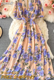 gwmlk Bohemian Floral Long Dress For Women Sexy V-Neck Short Sleeve High Waist A-Line Big Swing Vestido Casual Blue Robe 2023