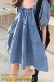 Gwmlk Girly Style Retro Square Collar Puff Sleeve Denim Skirt All-Matching Youthful-Looking Dress Women's Summer Denim Skirt