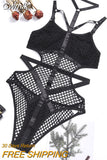 Gwmlk Sheer Knit Fish Net Mesh Bodysuit Women Sexy Goth Lingerie Overalls Hollow Out Sleeveless Body Black Lace Top