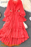 gwmlk Autumn New Holiday Style Ankle Length Long Dresses Women Sexy V Neck Puff Sleeve Lace Elegant Evening Party Summer Dress